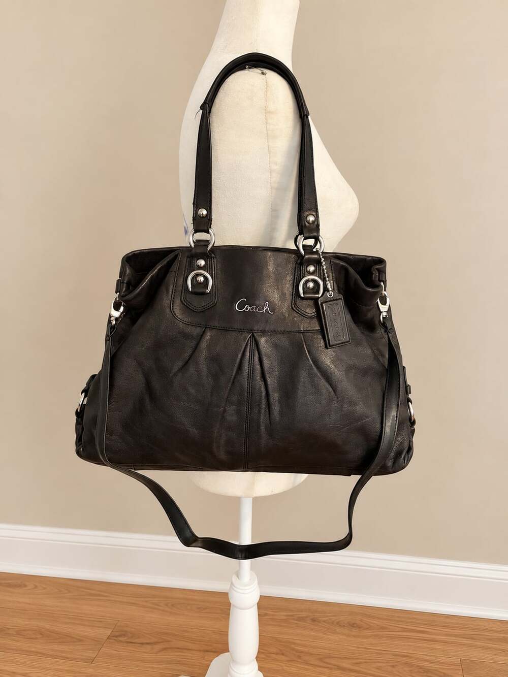 Coach Black Leather Plaid Tote Bag with Adjustable Strap